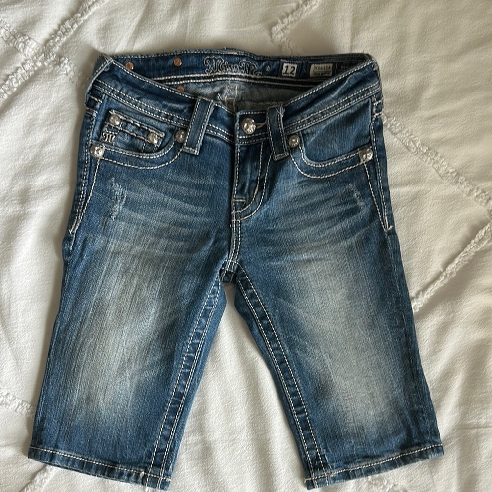 Miss Me Girls Blue Denim Bermuda Shorts with Faded Wash and Straight Fit